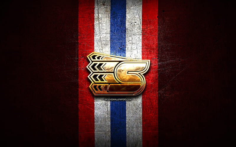 Spokane Chiefs, golden logo, WHL, red metal background, canadian hockey team, Spokane Chiefs logo, hockey, Canada, HD wallpaper
