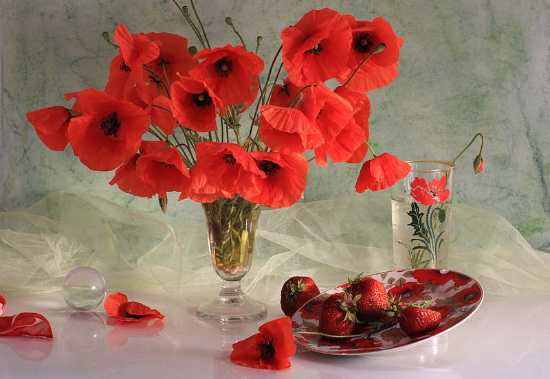 A Flutter with Poppies, strawberries, vase, still life, poppies, HD wallpaper