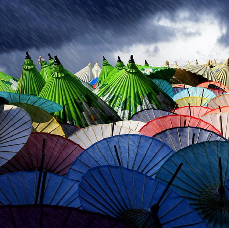 Oriental Shades, fantasy, sunshade, oriental, umbrella, rain, abstract, artwork, HD wallpaper