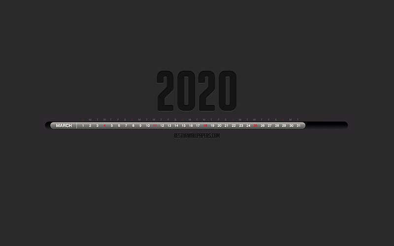 2020 March Calendar, Stylish black calendar, March 2020, gray background, month calendar, March 2020 numbers in one line, March 2020 Calendar, HD wallpaper