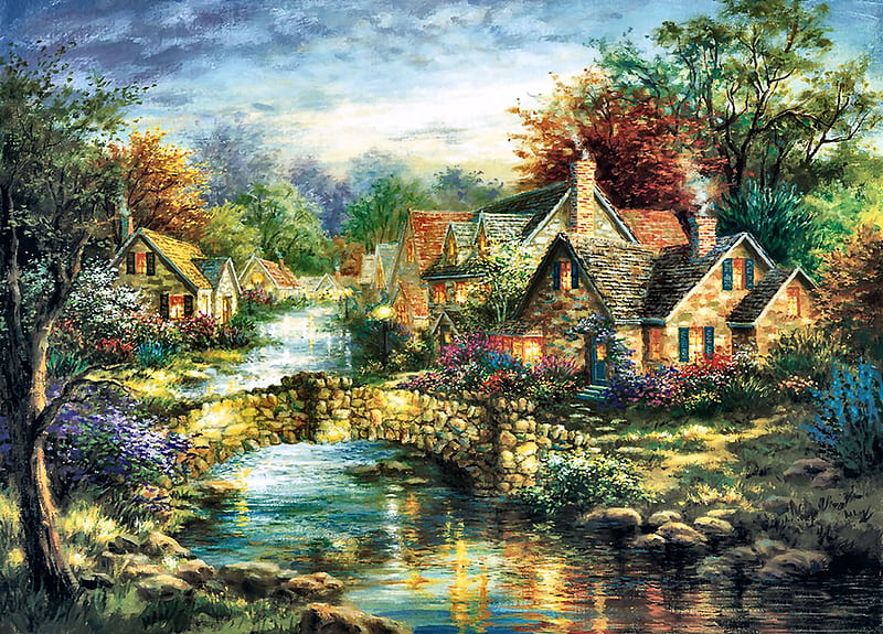 Stone Henge, architecture, art, cottage, bonito, illustration, artwork, water, bridge, painting, wide screen, Tudor, scenery, landscape, HD wallpaper