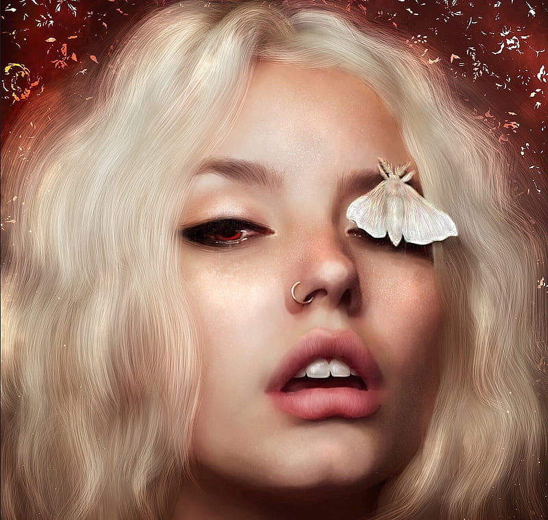 Blonde girl with red eyes, fantasy, girl, butterfly, poppy parr, blonde, face, white, luminos, moth, portrait, HD wallpaper