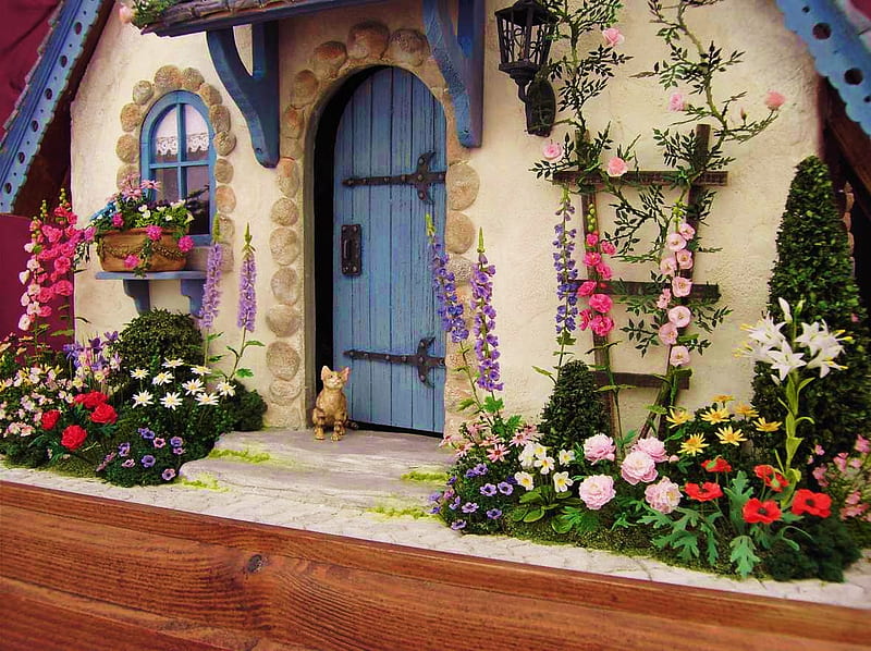 Blue door, stone, cottage, plants, flowers, vines, HD wallpaper