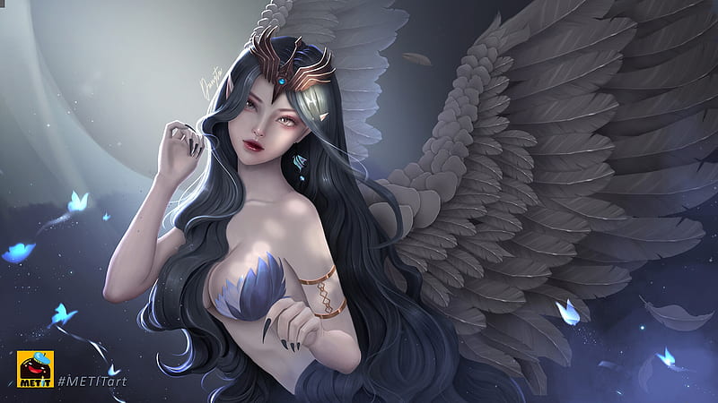 Harpy, wings, dung tu, dark, fantasy, girl, HD wallpaper