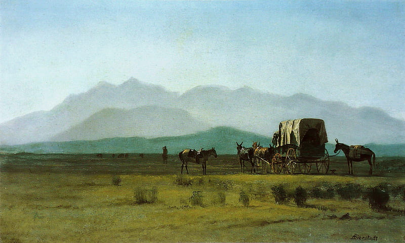 Surveyors Wagon In The Rockies , Surveyors Wagon In The Rockies, art, skill, Albert Bierstadt, rare, painter, color, Painting, 1859, value, vintage, HD wallpaper