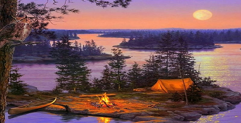 sunset over the camp, tent, fire, river, camp, HD wallpaper