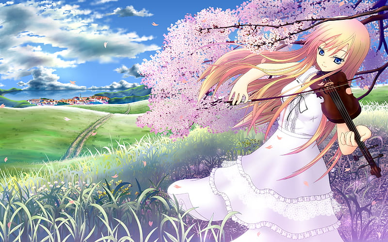 Sakura Song, dress, grass, cg, bonito, blossom, instrument, musician, flowers, details, pink, playing, violin, laces, tree, 3d, girl, white, field, cherry, HD wallpaper