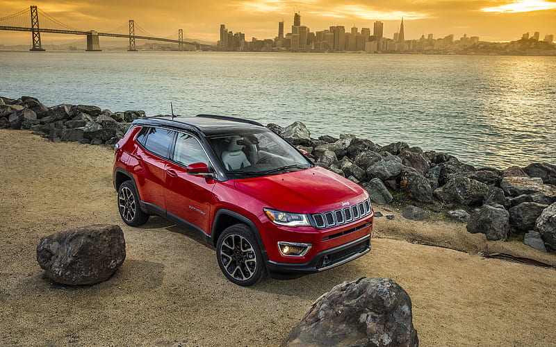 2020, Jeep Compass, front view, exterior, red SUV, new red Compass, San Francisco skyline, USA, American cars, Jeep, HD wallpaper