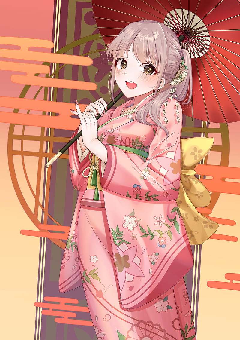 anime girl, smiling, kimono, pretty, umbrella, Anime, HD phone wallpaper