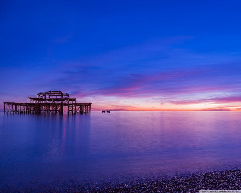Brighton Pier at Sunset, pier, nature, sunset, clouds, sky, sea, blue, HD wallpaper