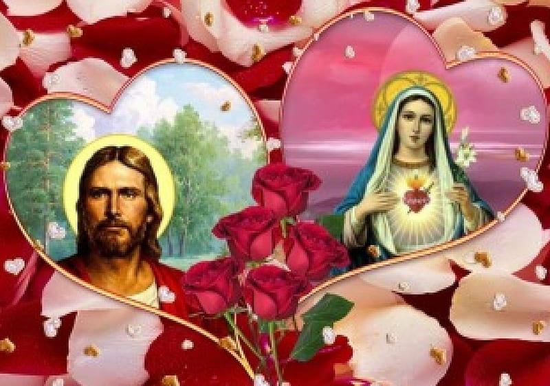 Jesus and Mary, christ, jesus, heart, virgin, religion, mary, HD wallpaper