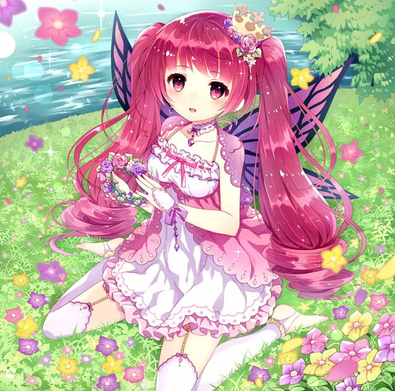 Fairy Princess, pretty, adorable, sweet, floral, nice, anime, royalty, beauty, anime girl, long hair, fairy, lovely, twintail, gown, cute, sit, crown dress, bonito, twin tail, blossom, tiara, female, twintails, twin tails, kawaii, girl, flower, sitting, pink hair, princess, scene, HD wallpaper