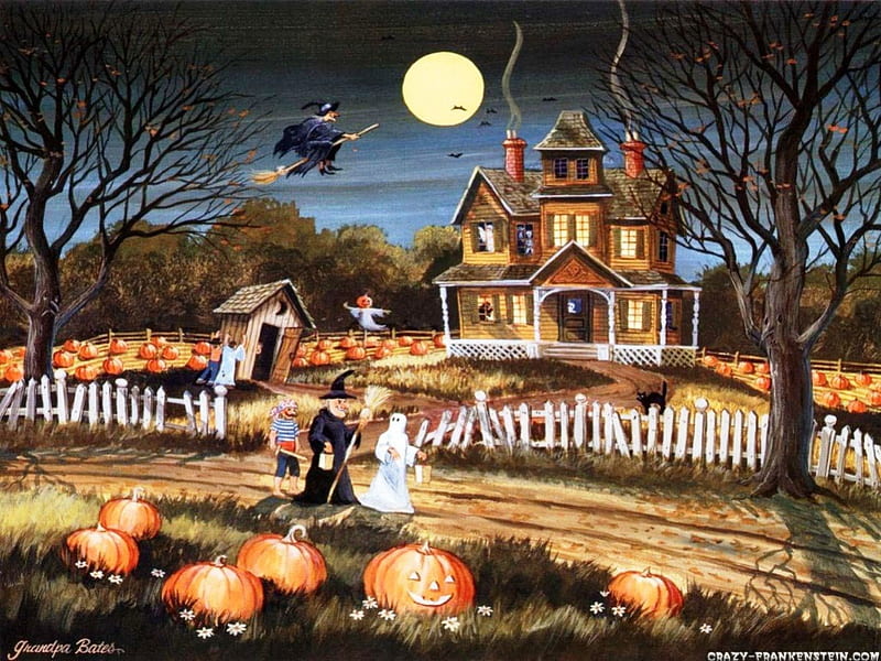 A Country Halloween, witch, moon, spooky, halloween, children, night, HD wallpaper