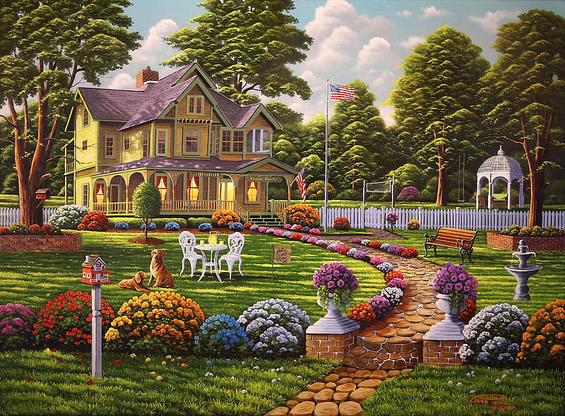 Colors of Spring, table, fountain, house, bench, trees, flag, artwork, 3d, chairs, path, flowers, garden, painting, gazebo, dog, HD wallpaper