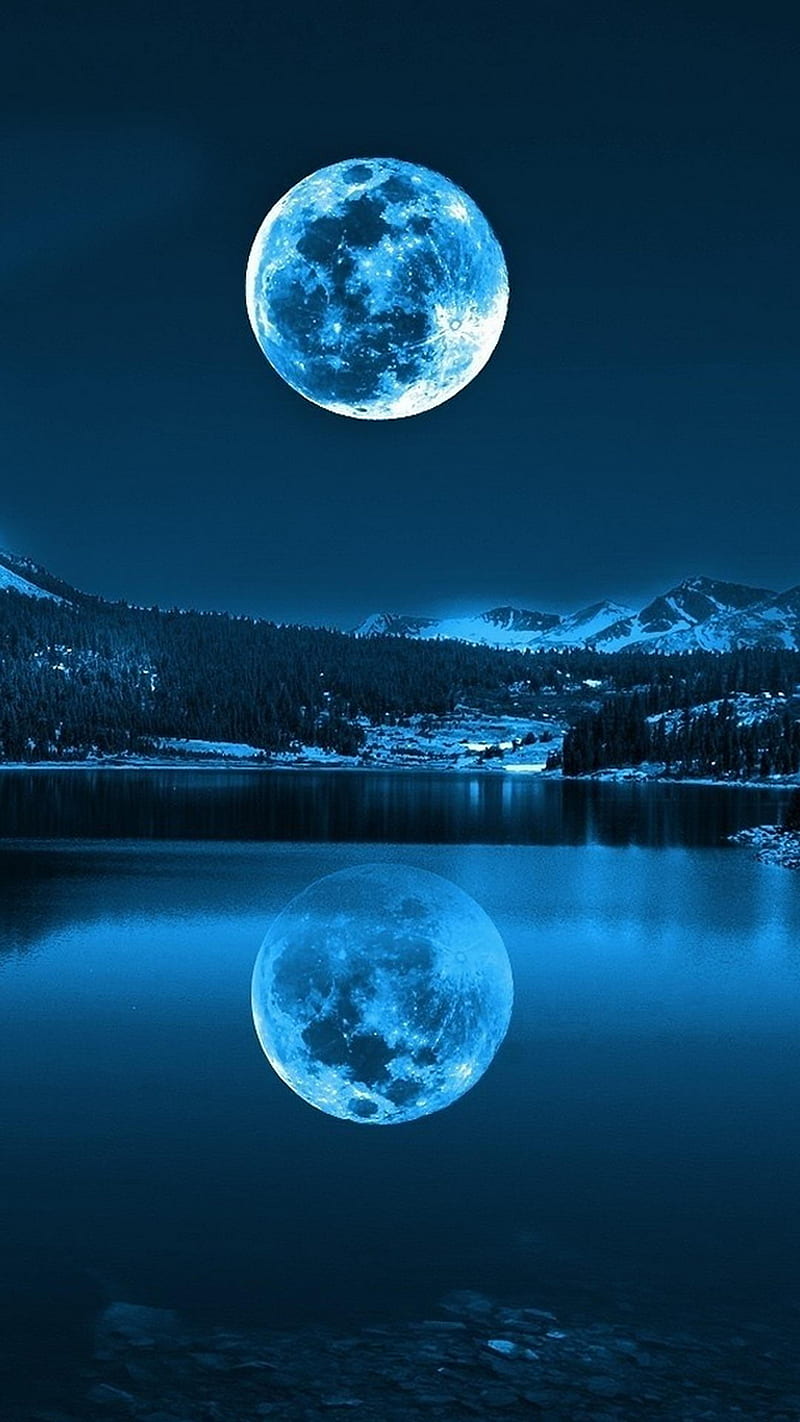 moon in cold lake, blue, mountain, nature, night, HD phone wallpaper