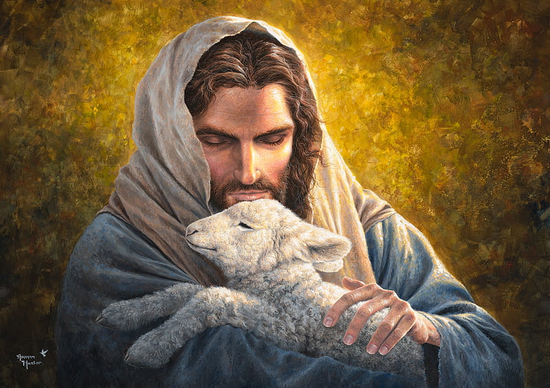 Lost but found, sheep, art, Jesus Christ, painting, abraham hunter, lamb, man, pictura, HD wallpaper