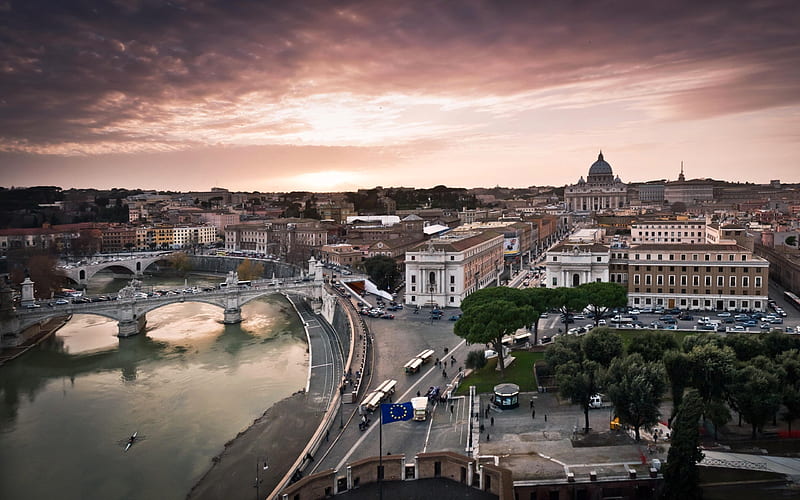 River Tiber, Rome, evening, sunset, Italy, European Union flag, urban panorama, horizon line, HD wallpaper