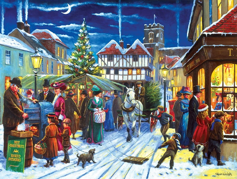 Christmas Market, christmas tree, holidays, baked potatoes, christmas, shopping, trees, market, chestnuts, winter, snow, HD wallpaper