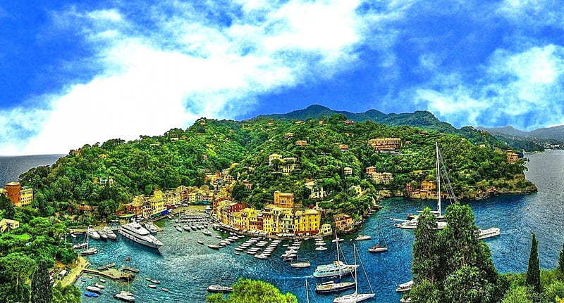 Village of Portofino_Italy, architecture, Italia, sun, Italy, landscapas, clouds, Portofino, sea, city, green, village, view, port, town, panorama, antique, ship, HD wallpaper