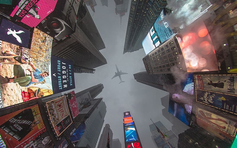 Cities, Smoke, Airplane, New York, Manhattan, Aircraft, Times Square, , Billboards, HD wallpaper