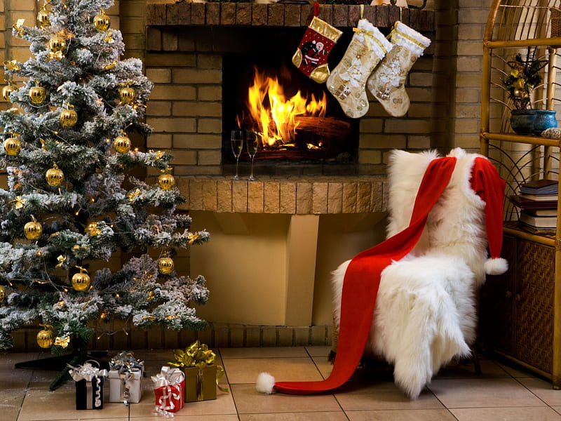 christmas room, fire, tree, 3d, christmas, socks, chair, room, ornament, HD wallpaper