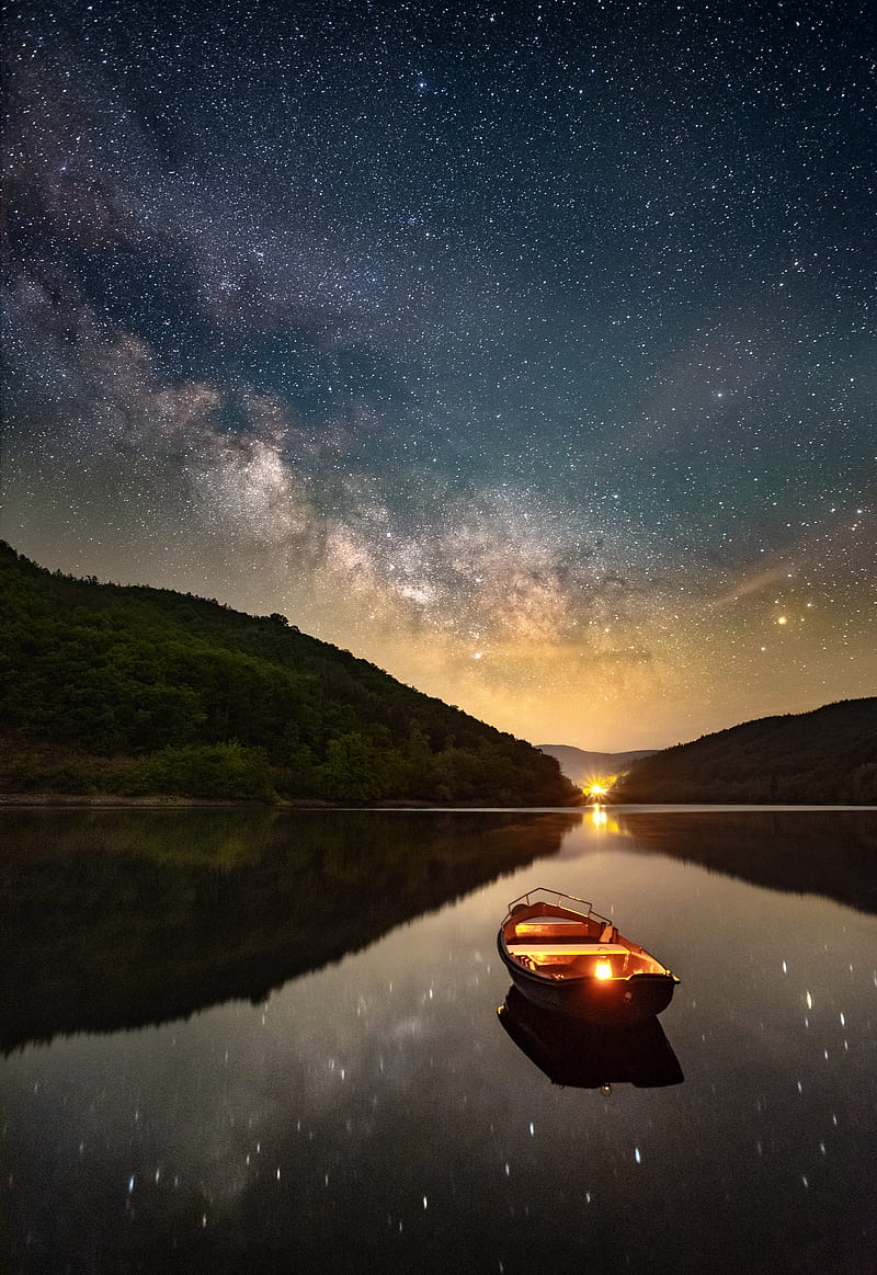 boat, lantern, starry sky, reflection, HD phone wallpaper