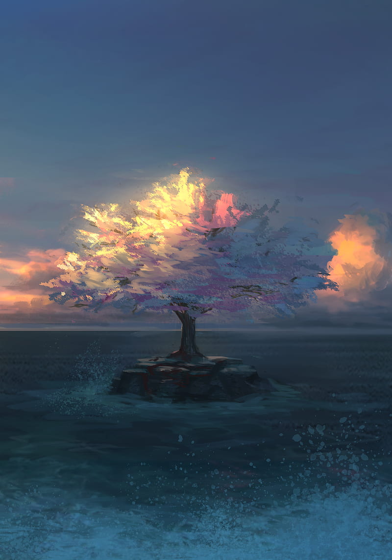 artwork, sea, clouds, sakura (tree), HD phone wallpaper