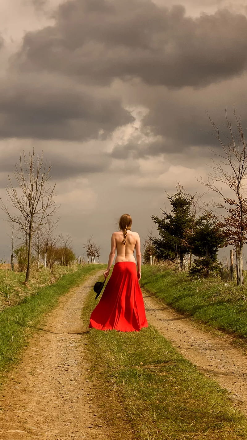 Walking alone, back, black hat, brown hair, girl, rear, red, red skirt, HD phone wallpaper