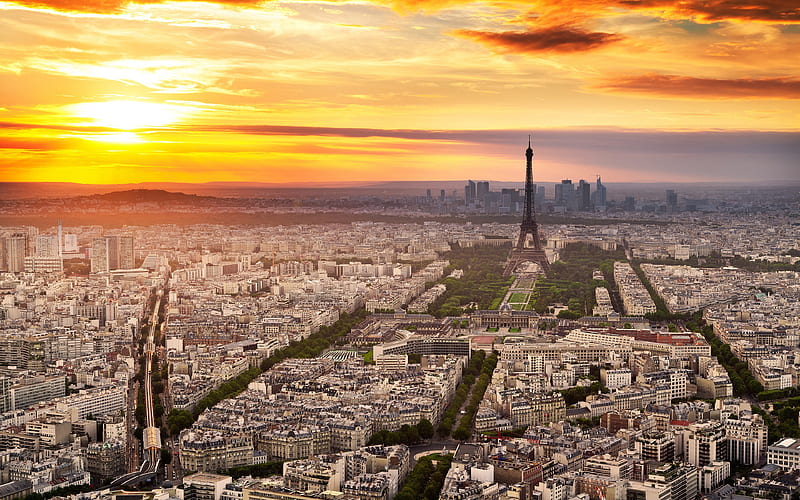 Paris, Eiffel Tower, sunset, french landmarks, panorama, France, Europe, HD wallpaper