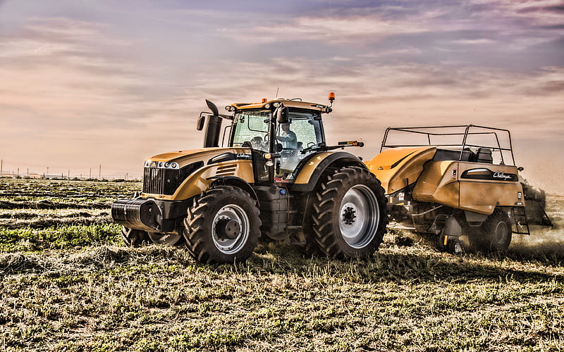 Challenger MT600E harvesting hay, 2019 tractors, yellow tractor, agricultural machinery, harvest, R, agriculture, tractor in the field, Challenger Tractors, HD wallpaper
