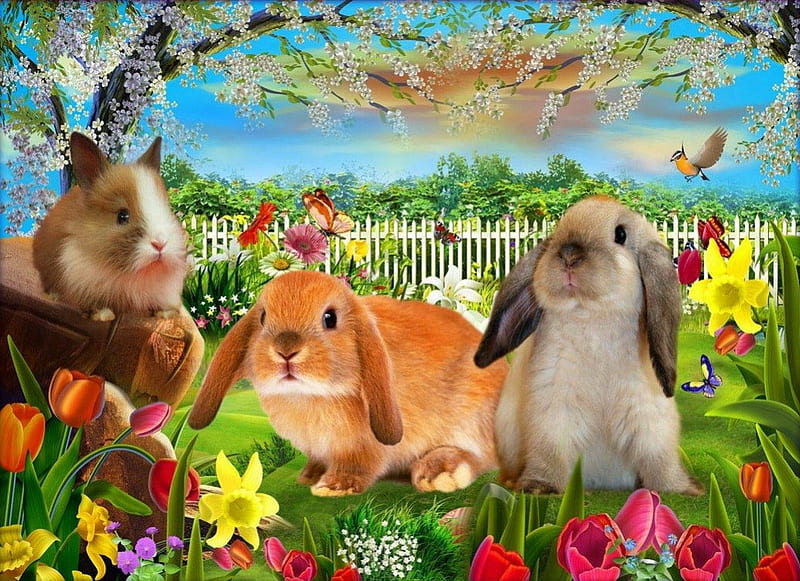 Cute friends, fence, pretty, colorful, grass, bonito, adorable, sweet, nice, flowers, tulips, friends, animals, rabbit, lovely, spring, freshness, cute, tree, guinea pig, blossoms, garden, bunnies, blooming, meadow, HD wallpaper
