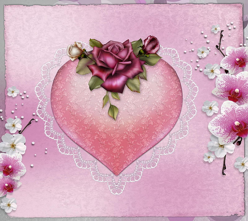 Vintage Heart, bonito, flowers, love, romance, romantin pink, HD wallpaper