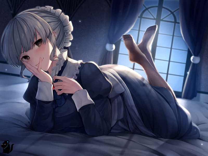 anime maid girl, lying down, white hair, headdress, blushes, smiling, Anime, HD wallpaper