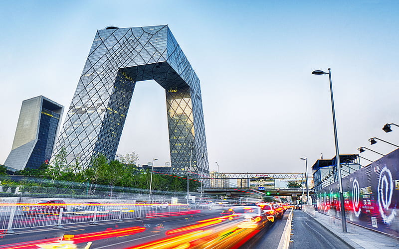 CCTV Headquarters, traffic lights, street, modern buildings, Beijing, Asia, China, HD wallpaper