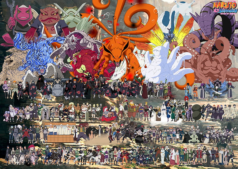 Anime, Naruto, Hinata Hyuga, Sakura Haruno, Gaara (Naruto), Naruto Uzumaki, Sasori (Naruto), Rock Lee, Kakashi Hatake, Jiraiya (Naruto), Orochimaru (Naruto), Deidara (Naruto), Madara Uchiha, Kyūbi (Naruto), Obito Uchiha, A (Naruto), Kisame Hoshigaki, Karin (Naruto), HD wallpaper