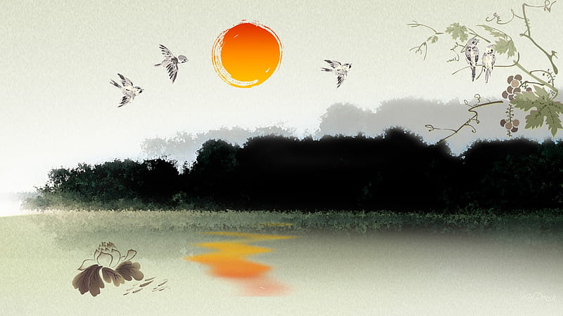 Sunrise on the Marsh, art, wetland, birds, firefox persona, trees, pond, tree, flowers, sunrise, marsh, HD wallpaper
