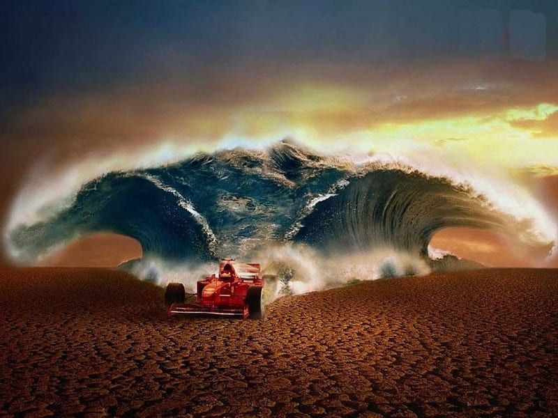 Ocean Wave, racecar, water, desert, artwork, HD wallpaper
