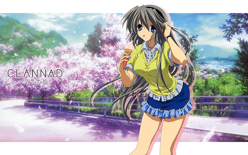 Tomoyo Sakagami, ice cream, gray hair, skirt, long hair, clannad, HD wallpaper