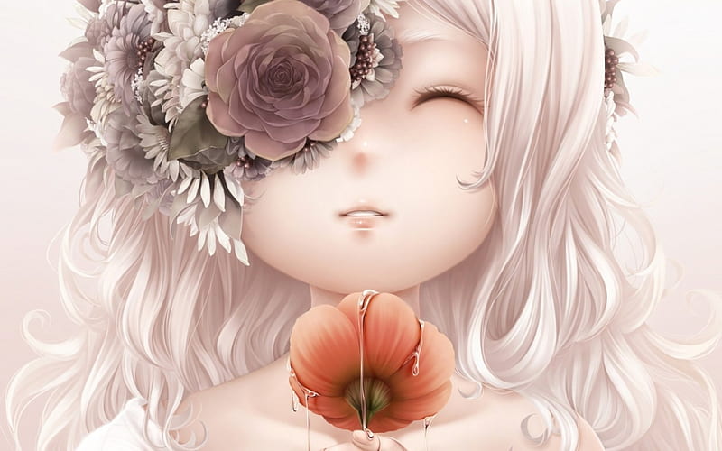 A moment of happiness, bouno satoshi, red, poppy, art, rose, manga, girl, anime, flower, face, white, pink, HD wallpaper