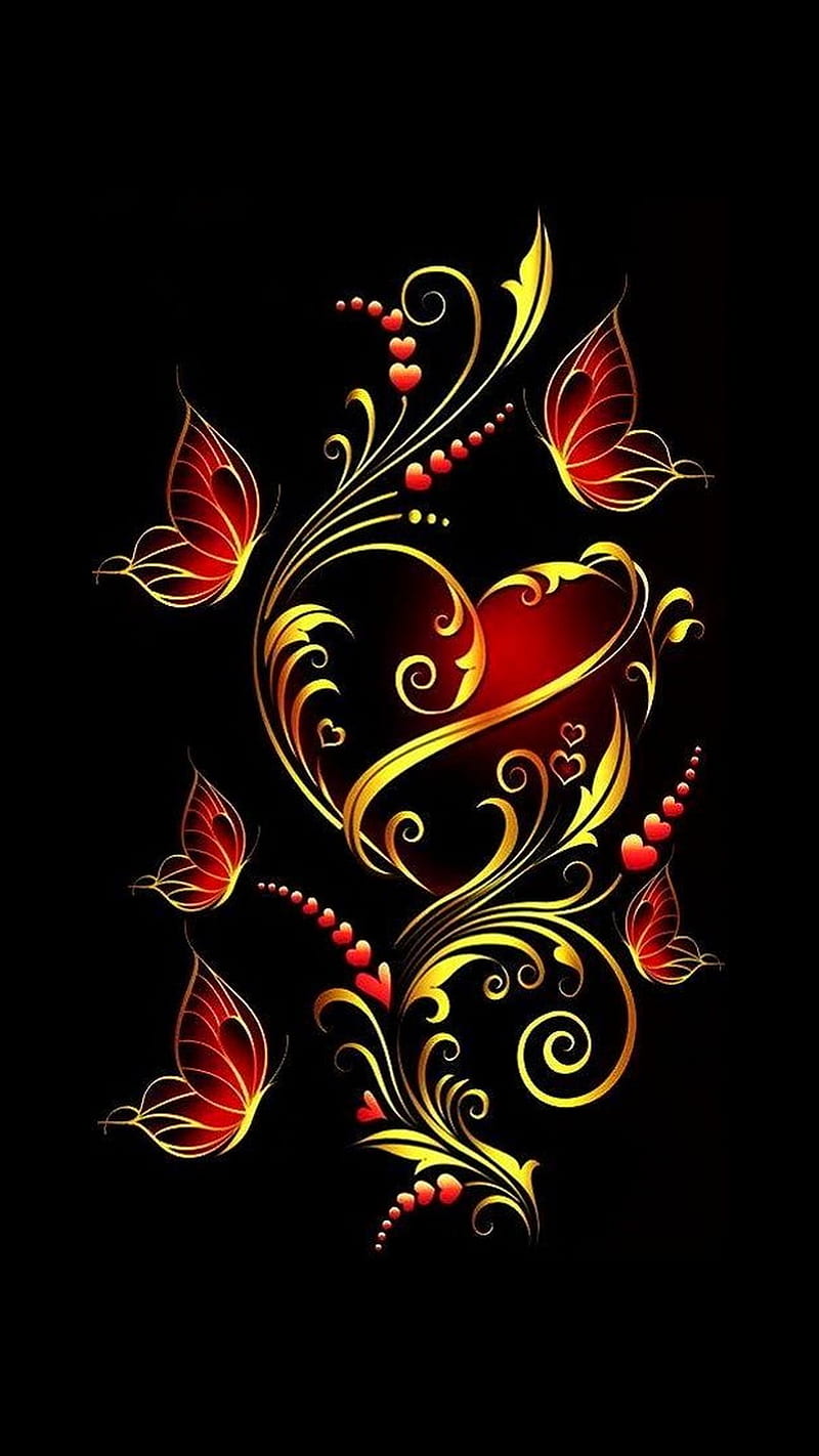 GOLD AND RED, corazones, butterfly, desenho, black , nice, bonito, HD phone wallpaper