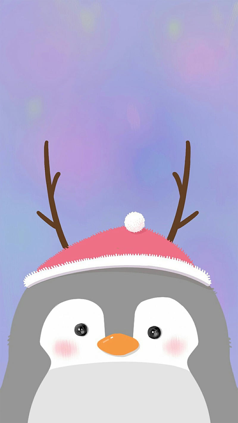 Christmas Penguin, antlers, cute, hat, holiday, purple, HD phone wallpaper