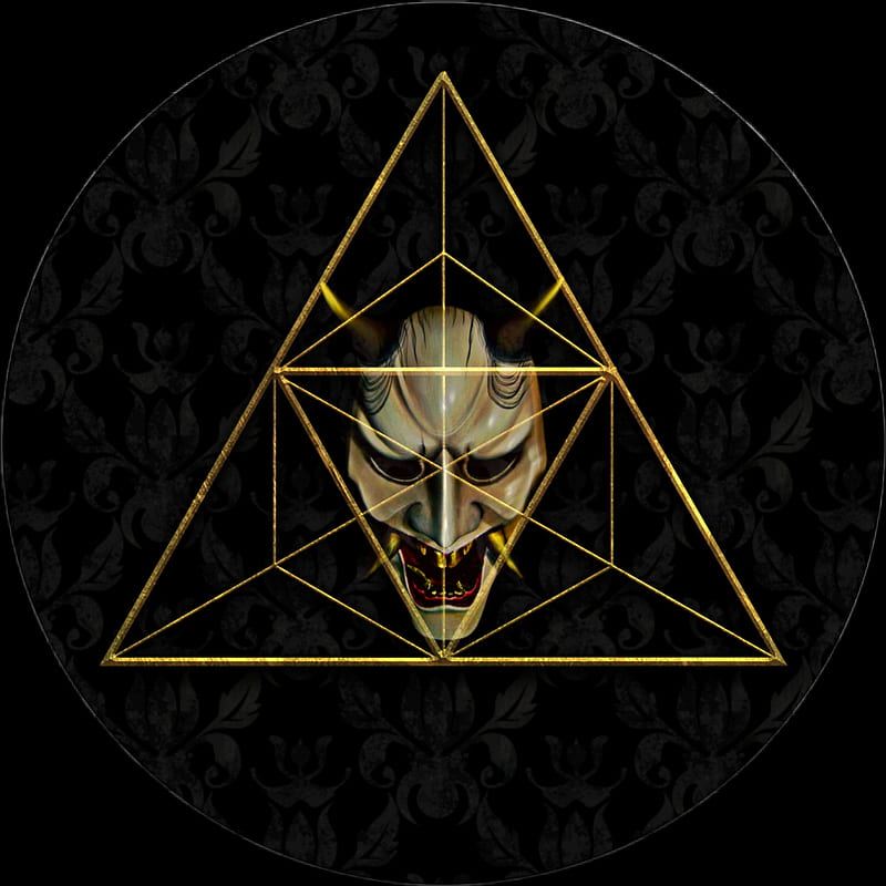 OniMask, oni, mask, gold, geometric, triangle, japanese, japan, guerra, logo, HD phone wallpaper