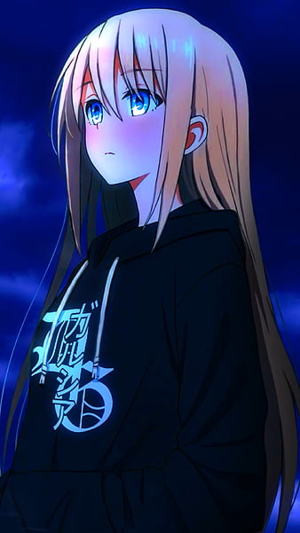 Anime girl with blue eyes, brown hair and she's wearing a black hoodie