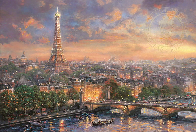 Paris, art, water, bridge, eiffel tower, painting, pictura, thomas kinkade, HD wallpaper