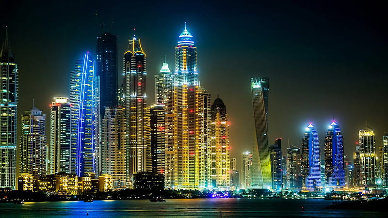 dubai skyscrapers in lights, city, waterfront, lights, night, skyscrapers, HD wallpaper