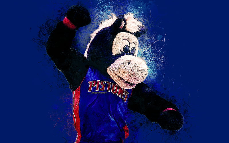 Hooper, official mascot, Detroit Pistons art, NBA, USA, Horse, grunge art, symbol, blue background, paint art, National Basketball Association, NBA mascots, Detroit Pistons mascot, basketball, HD wallpaper
