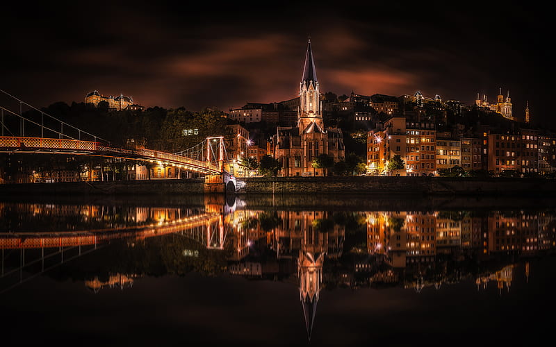 Lyon nightscapes, river, bridge, France, Europe, HD wallpaper