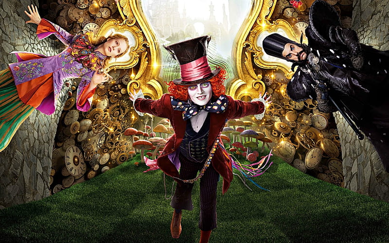 Alice Through the Looking Glass (2016), red, movie, Time, Alice Through the Looking Glass, yellow, fantasy, actress, people, Mia Wasikowska, disney, Johnny Depp, black, man, Mad Hatter, hat, girl, Sacha Baron Cohen, actor, HD wallpaper