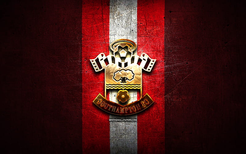 Southampton FC, golden logo, Premier League, red metal background, football, FC Southampton, english football club, Southampton logo, soccer, England, HD wallpaper