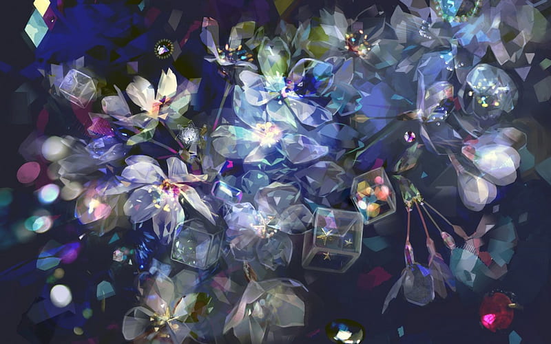Flowers and glass cubes, art, glitter, glass, cubes, anime, flower, white, pink, blue, HD wallpaper